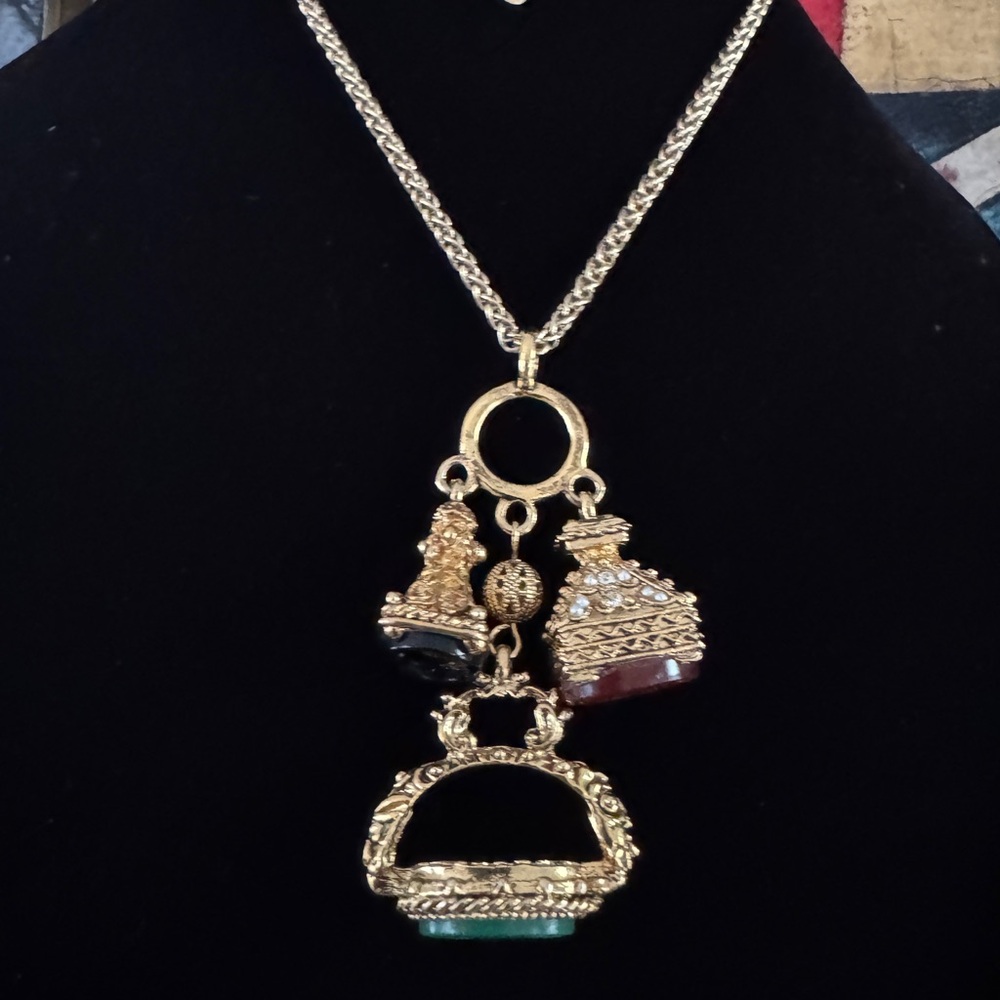 Kenneth Jay Lane RARE Victorian Revival‎ Glass Intaglio Fob Charm Trio Necklace
